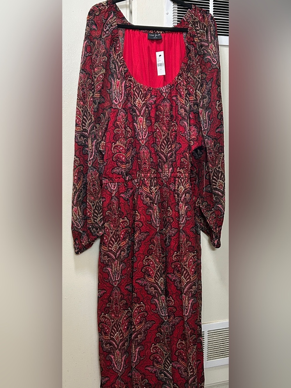 NWT Lane Bryant Red Paisley Long-Sleeve Scoop-Neck Midi Dress Size 28